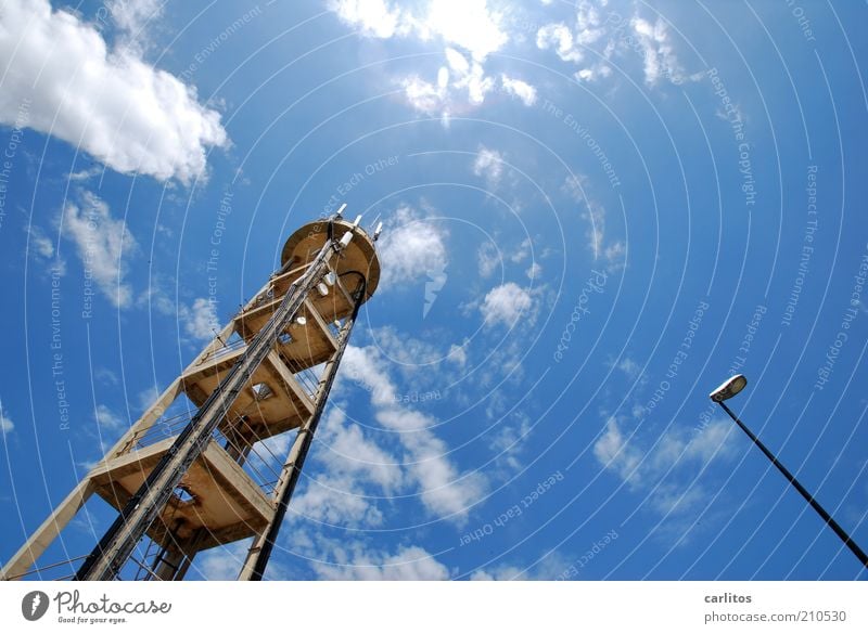 affection Telecommunications Sky Clouds Sun Summer Beautiful weather Tower Manmade structures Antenna Sharp-edged Large Tall Blue Lantern Broacaster