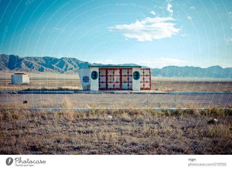 Stop Kazakhstan Landscape Mountain Steppe Deserted Bus stop Resting place Colour photo Exterior shot Copy Space top Day Deep depth of field Central perspective