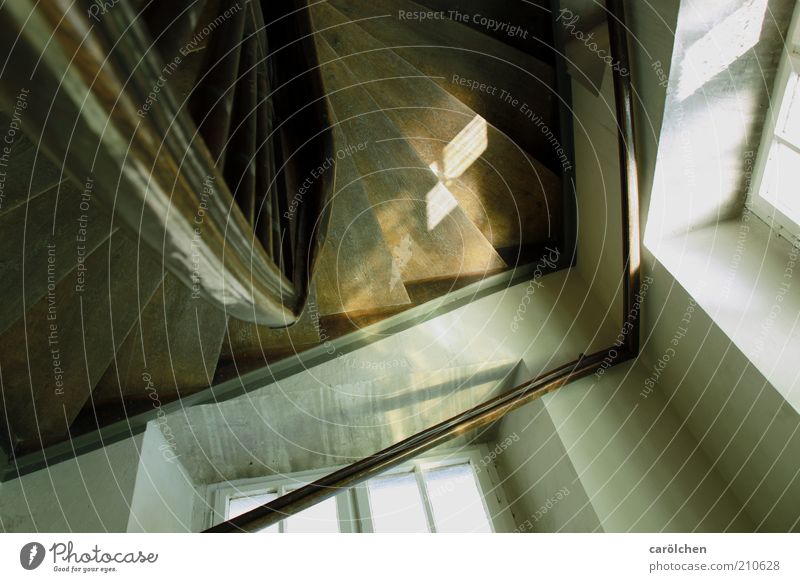 spider's perspective Deserted Building Stairs Window Old Brown Wood wooden steps Banister Old building Old fashioned Colour photo Subdued colour Interior shot