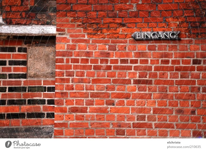 Entrance left please Church Building Facade Old Historic Red Signs and labeling Signage Black Arrow Trend-setting Left Colour photo Exterior shot Deserted