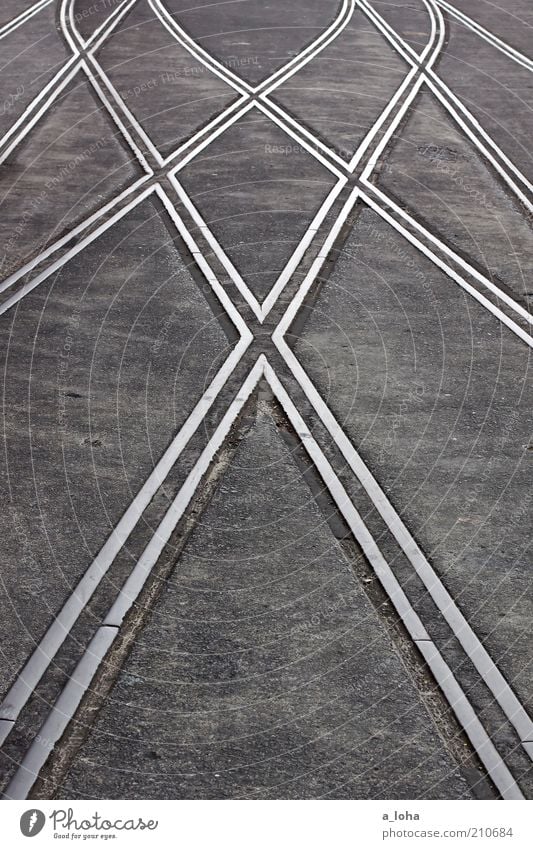 Ordered Chaos Deserted Traffic infrastructure Road junction Rail transport Railroad tracks Switch Railroad system Steel Line Arrow Stripe Network Firm Gray