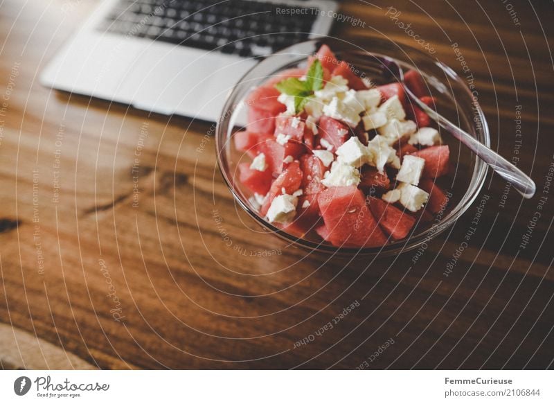 Home Office (02) Food Nutrition Notebook Wooden table Derby Water melon feta Cheese Mint Fork Glass bowl Snack Healthy Eating Fruit Vegetarian diet Refreshment