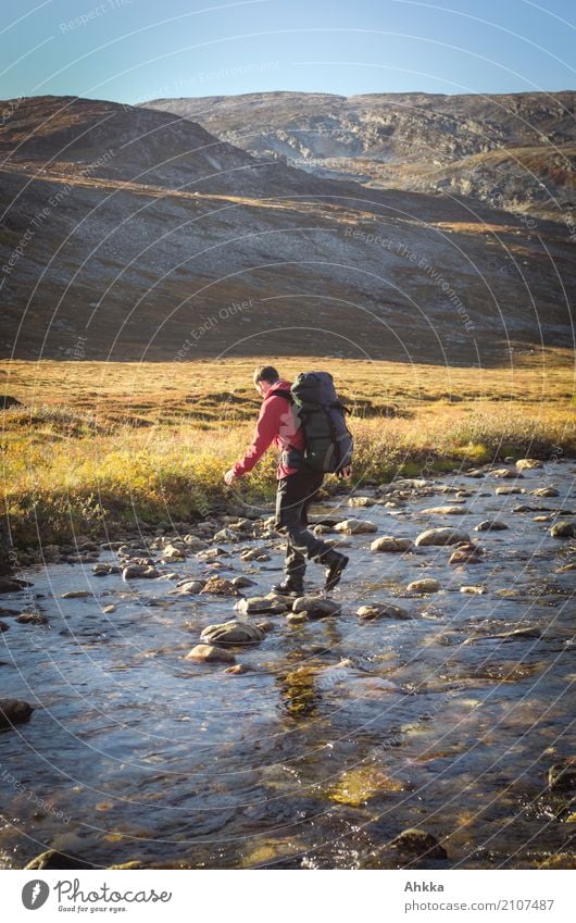 transition Vacation & Travel Mountain Hiking Young man Youth (Young adults) 1 Human being Nature Landscape Autumn River Scandinavia Discover Walking Brave