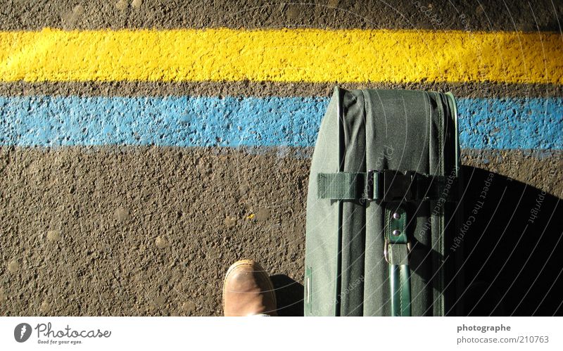 attestation Feet Train station Platform Footwear Blue Yellow Green Suitcase Colour photo Exterior shot Detail Copy Space left Sunlight Bird's-eye view Passenger