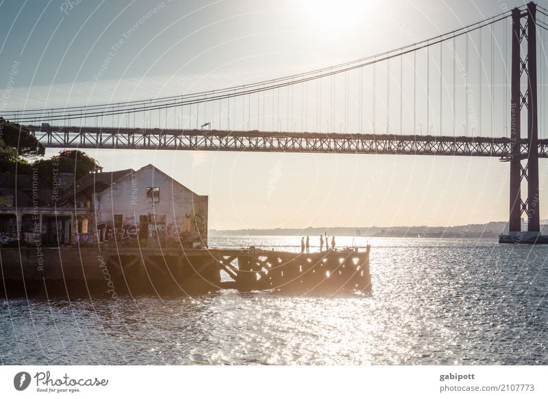 At the river Sky Summer River Tejo Bridge Lisbon Portugal Harbour Manmade structures Tourist Attraction Landmark Emotions Joy Happiness Contentment