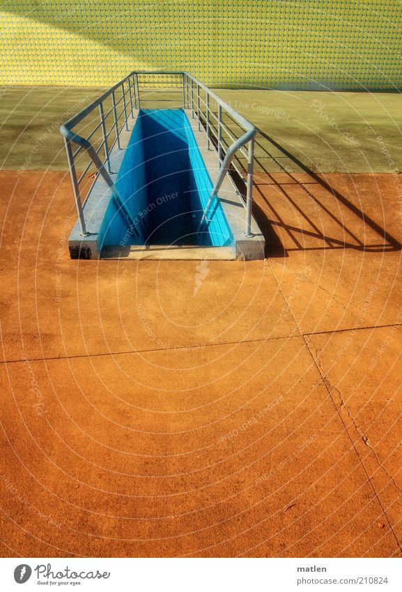 azulejos Deserted Stairs Concrete Steel Line Uniqueness Multicoloured Yellow Joie de vivre (Vitality) Orange Sky blue Banister Handrail Shadow Sunlight