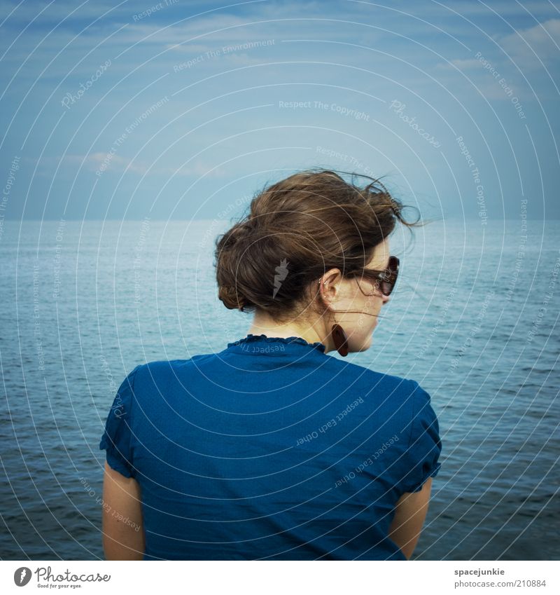 across the blue sea (2) Human being Woman Back Wind Water Lake Ocean Blue Future Longing Hope Loneliness Looking Sky Eyeglasses Sunglasses Horizon Homesickness