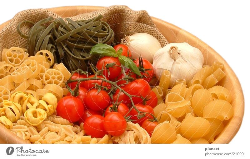 Pasta in bowl Noodles Tomato Garlic Bowl Nutrition Gastronomy Pastel tone Multicoloured Restaurant Appetite Isolated Image Italian Food Tuscany Kitchen