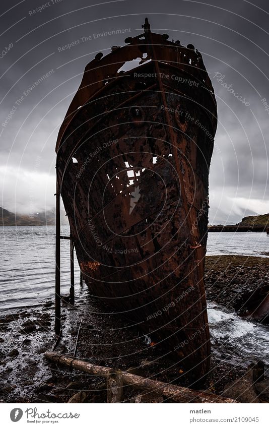 In need of support Landscape Sky Clouds Spring Bad weather Mountain Coast Beach Fjord Navigation Steamer Old Dark Requiring support Lean Wreck Iceland Westfjord