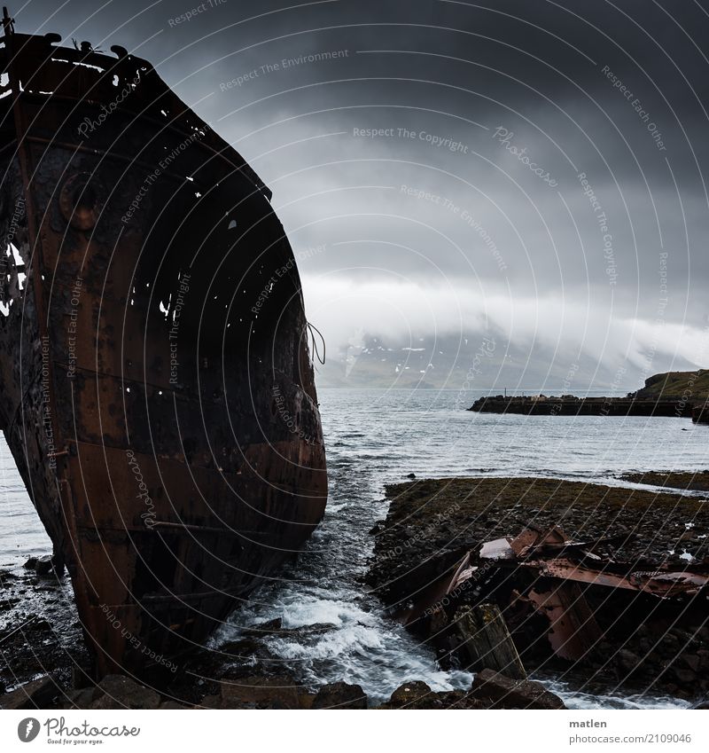 broken I Landscape Sky Clouds Spring Bad weather Mountain Coast Fjord Ocean Navigation Old Maritime Brown Gray Wreck Westfjord Iceland Stranded Rust