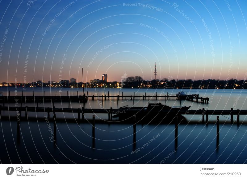 alster water Environment Nature Landscape Water Sunrise Sunset Beautiful weather Lakeside Alster Hamburg Town Skyline Deserted Sport boats Yacht Motorboat