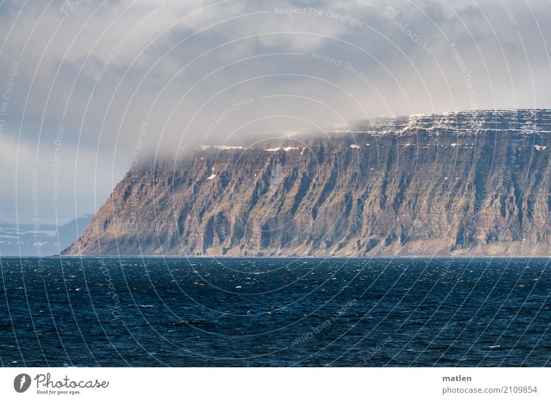 Horn's Strandir Nature Landscape Air Water Sky Clouds Horizon Spring Beautiful weather Rock Mountain Snowcapped peak Canyon Coast Fjord Ocean Deserted Wild Blue