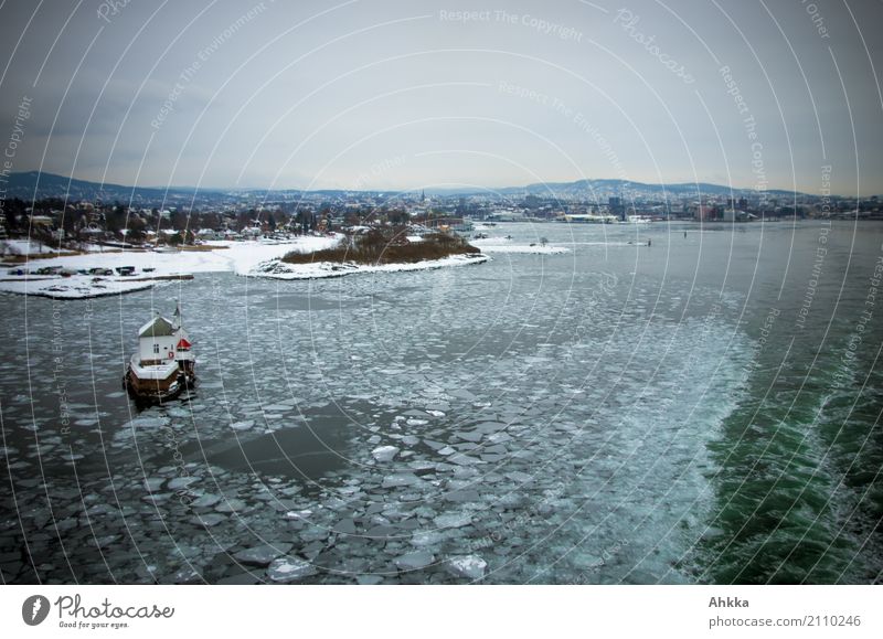 Oslofjord with ice floes, winter Vacation & Travel Adventure Elements Water Winter Ice Frost Coast Fjord Ocean Cold Small Wanderlust Movement Loneliness