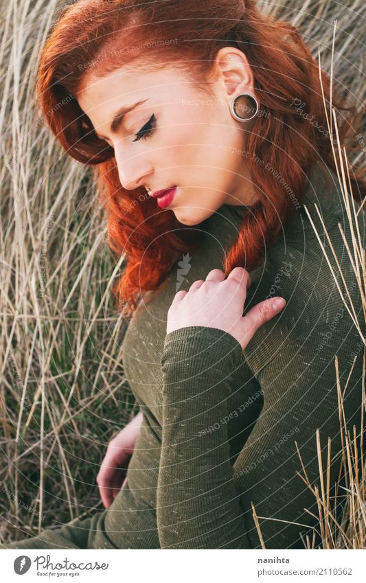 Portrait of a beautiful and stylish redhead woman Elegant Style Beautiful Make-up Wellness Harmonious Relaxation Calm Human being Feminine Young woman