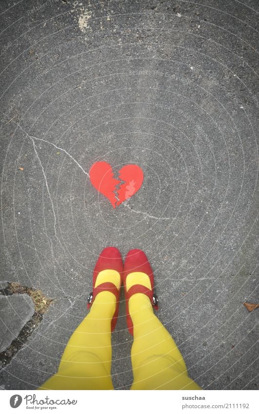 broken heart Feet Legs Footwear buckle shoes Stockings Red Yellow Exterior shot Street Asphalt Stand Heart Broken Crack & Rip & Tear Lovesickness Emotions End