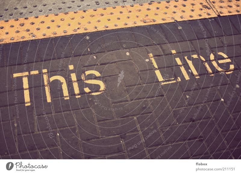 This Line! Train station Transport Public transit Train travel Rail transport Railroad Platform Old Marker line Sign Warning label Ground Paving stone English