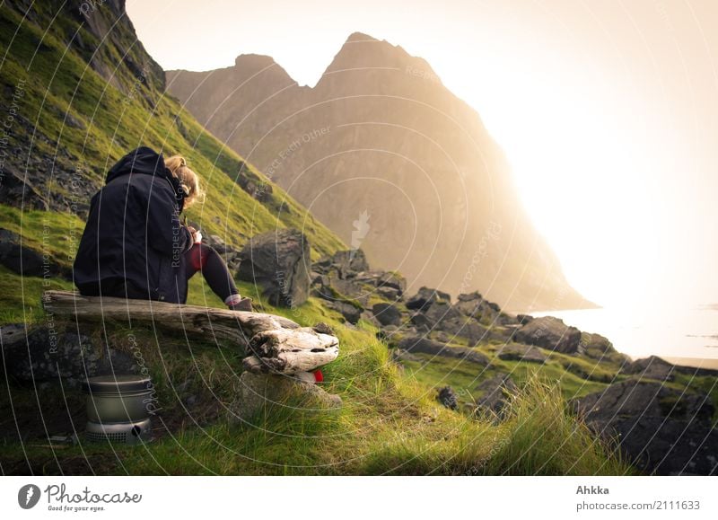 Young woman writing on the coast at sunset Harmonious Senses Relaxation Calm Meditation Adventure Youth (Young adults) Sun Rock Peak Coast Ocean Arctic Ocean