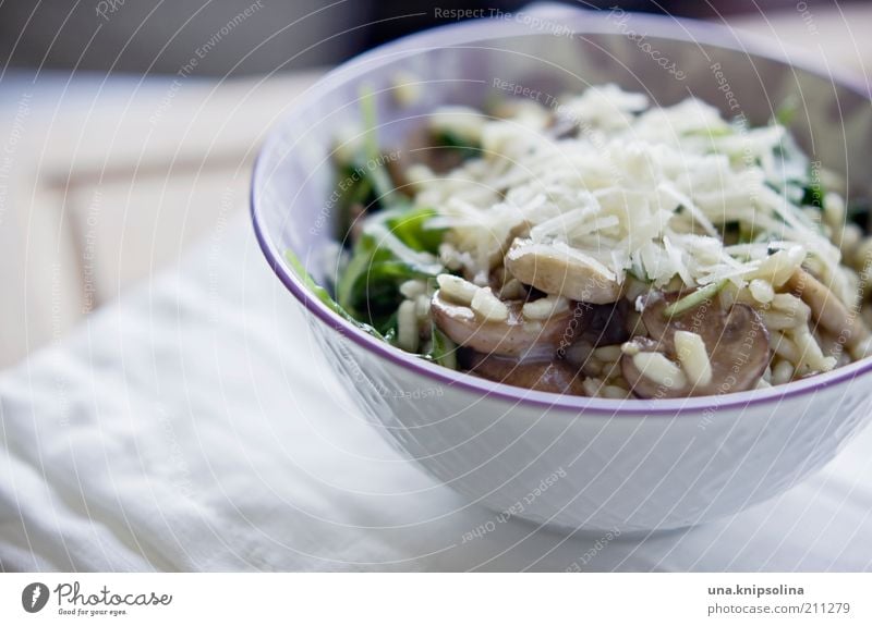 mushroom risotto Food Cheese Vegetable Grain Rucola Rice Mushroom Button mushroom Nutrition Lunch Dinner Organic produce Vegetarian diet Crockery Bowl Delicious