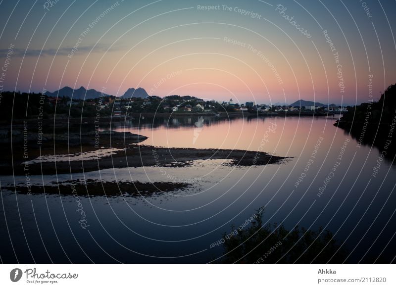 Night mood, Lofoten, lake, calm, Scandinavia Landscape Sky Night sky Horizon Coast Lakeside Svolvaer Port City Breathe Perspective Calm Senses Stagnating Moody