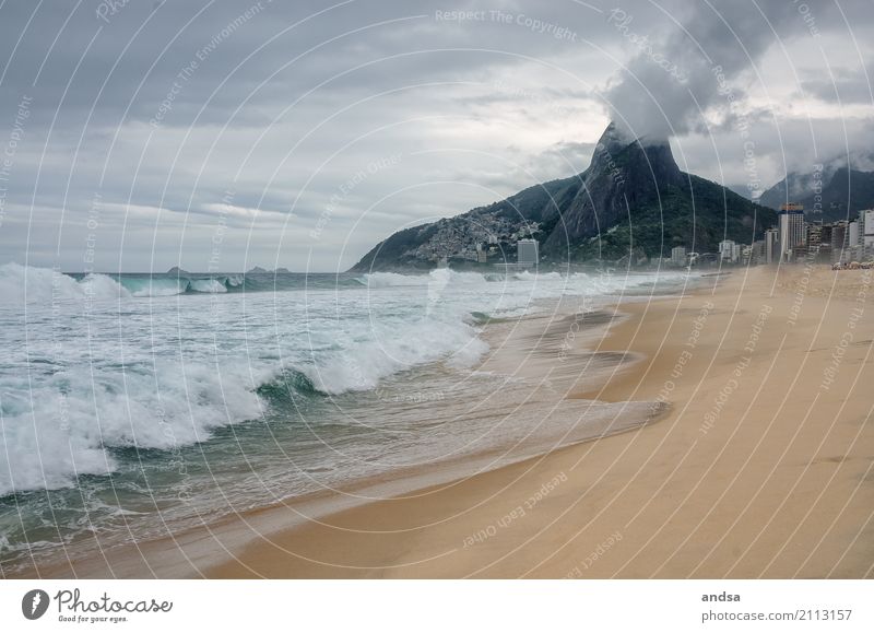 Copacabana in Brazil Rio de Janeiro Waves Mountain Beach Ocean coast Town Bay Deserted Copy Space top Copy Space bottom Day Blue Summer Clouds Sky Landscape