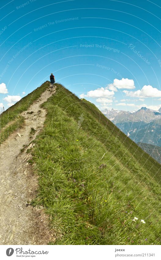 Narrow ridge Climbing Mountaineering Hiking 1 Human being Nature Landscape Sky Clouds Summer Beautiful weather Grass Alps Peak Lanes & trails Walking Looking