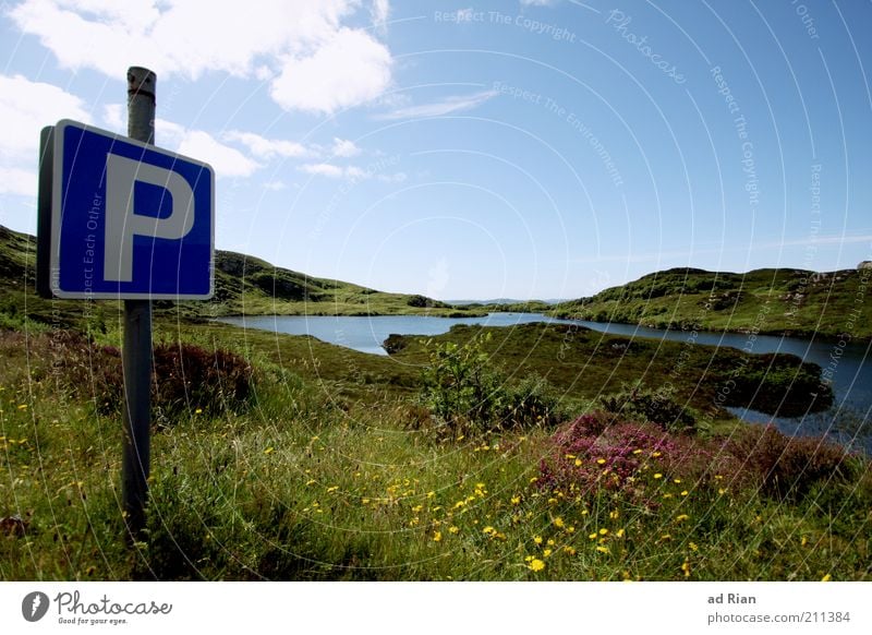 Break area [100] Nature Landscape Water Grass Bushes Hill Lakeside Fjord Pond Blossoming Colour photo Exterior shot Blue sky Clouds Sunlight Deserted Parking