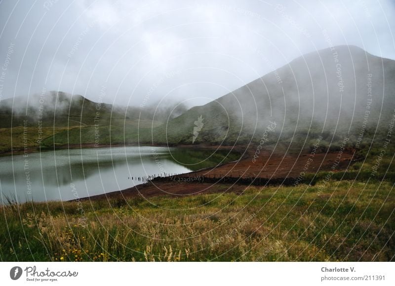 Fog Lake Mountain High plain Nature Landscape Water Autumn Bad weather Hill Grass Calm Mysterious Enchanting Loneliness Uninhabited Eerie Volcano Volcanic