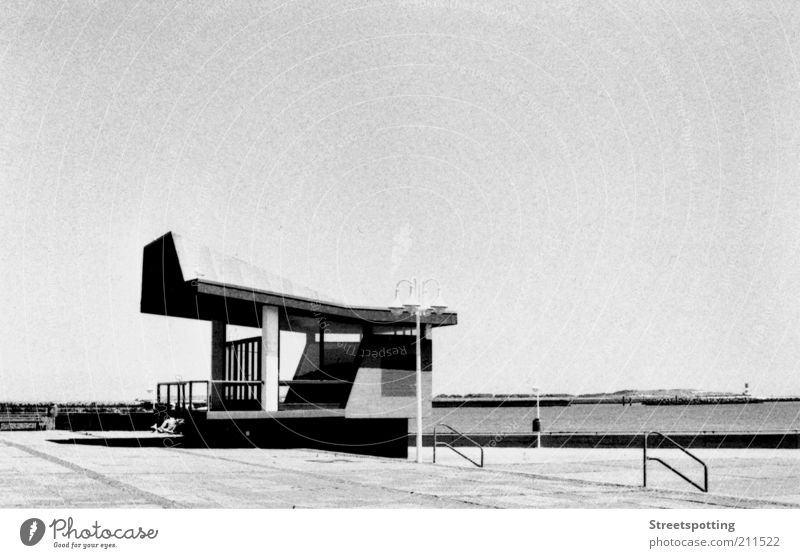 Helgoland 2.0 Harbour Architecture Sea promenade Black & white photo Exterior shot Experimental Day Sunlight Roof Neutral Background Copy Space top Jetty