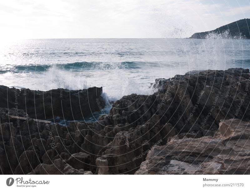 Rock in the surf Water Drops of water Sky Clouds Sun Beautiful weather Waves Coast Bay Ocean Vacation & Travel Colour photo Exterior shot Deserted Day