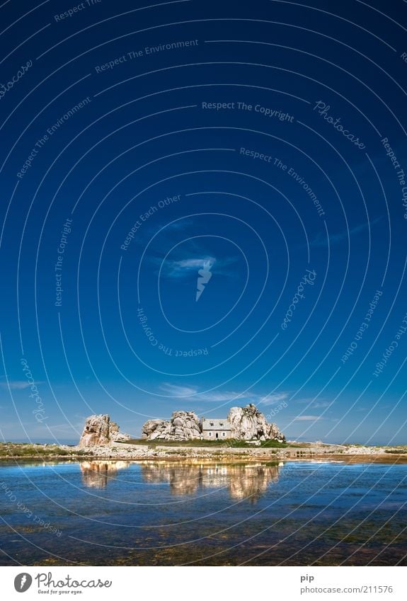 quiet neighbourhood Nature Water Summer Beautiful weather Coast Ocean House (Residential Structure) Hut Stone Blue Safety Protection Narrow Rock Sky wedged