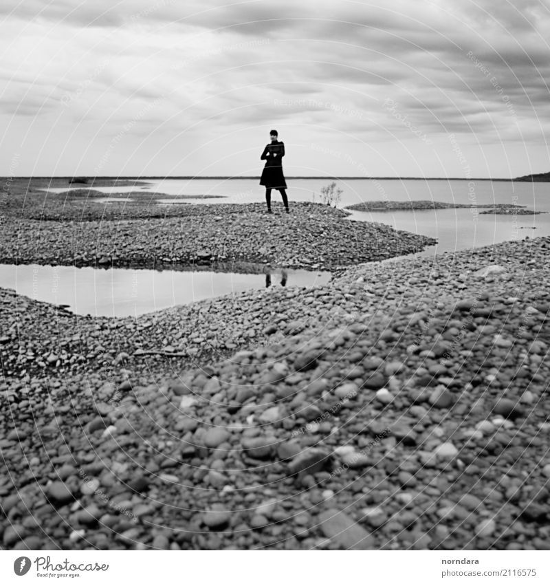 On the river bank Woman Adults 1 Human being Environment Nature Landscape Elements Water Cloudless sky Climate Weather Rock Lakeside River bank Beach North