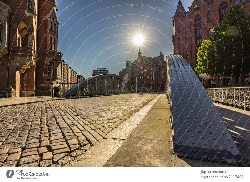 Neuerweg bridge Speicherstadt Hamburg Architecture Sky Cloudless sky Sun Sunlight Summer Beautiful weather Old warehouse district Germany Port City Deserted