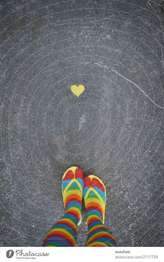 Heart and feet Legs Feet Footwear Stockings Striped Crazy obliquely Strange Pippi Longstocking Multicoloured Yellow Red Cyan Flip-flops Exterior shot Street