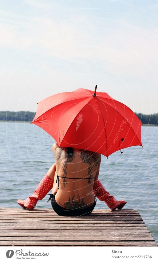 Waiting for Godot Woman Adults Back Nature Water Sky Summer Beautiful weather Lakeside Bikini Rubber boots Umbrella Sit Brash Free Red Hope Belief Boredom