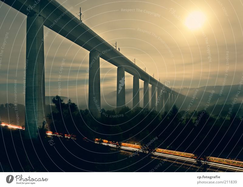 night bridge Advancement Future Sky Night sky Moon Full  moon Summer Fog Bridge Transport Traffic infrastructure Road traffic Vehicle Rail transport Esthetic