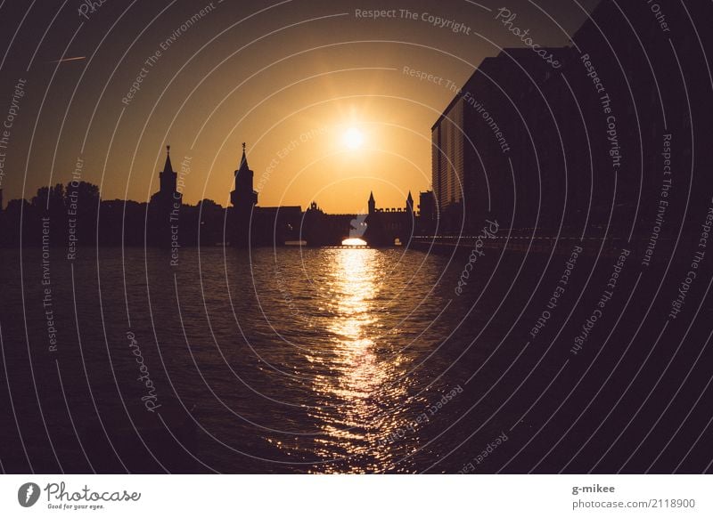 Oberbaum Bridge River Town Tourist Attraction Landmark Warmth Silhouette Sunset Reflection Water Oberbaumbrücke Berlin Colour photo Exterior shot Evening