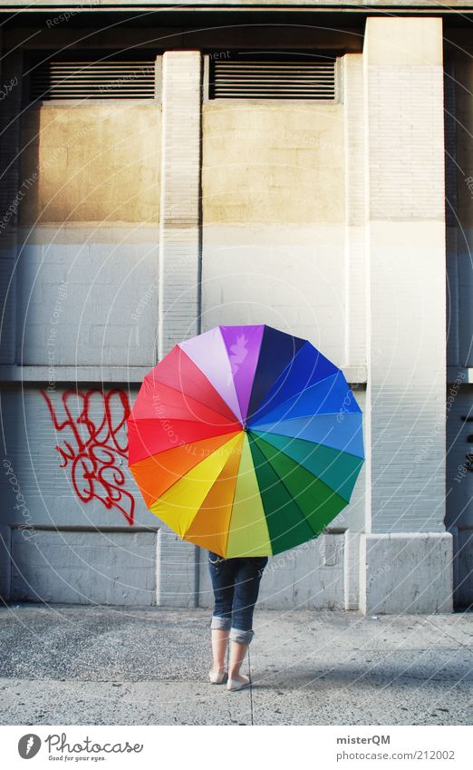 City of Contrasts. Esthetic Prismatic colors Umbrellas & Shades Youth (Young adults) Modern Perspective Eye-catcher Facade Idea Creativity Woman Patch of colour