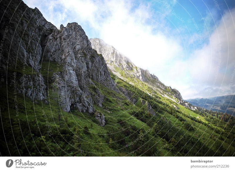 rock Mountain Nature Landscape Sky Clouds Rock Alps Colour photo Exterior shot Structures and shapes Panorama (View) Green Gray Clouds in the sky