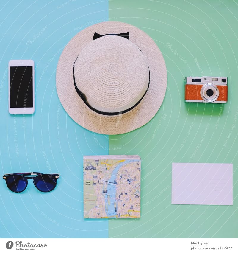 Creative Flat lay of travel items Lifestyle Style Design Joy Vacation & Travel Trip Adventure Summer Decoration PDA Camera Art Fashion Sunglasses Hat Happiness