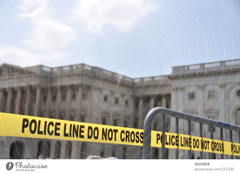 Police line - do not cross! Police Force Security cordon Security force Clouds Washington DC Capital city Downtown Landmark United States Capitol Barrier