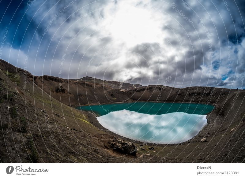 craters Environment Nature Landscape Earth Water Sky Clouds Storm clouds Sun Weather Bad weather Volcano Lake Blue Brown Turquoise White Iceland Crater rim