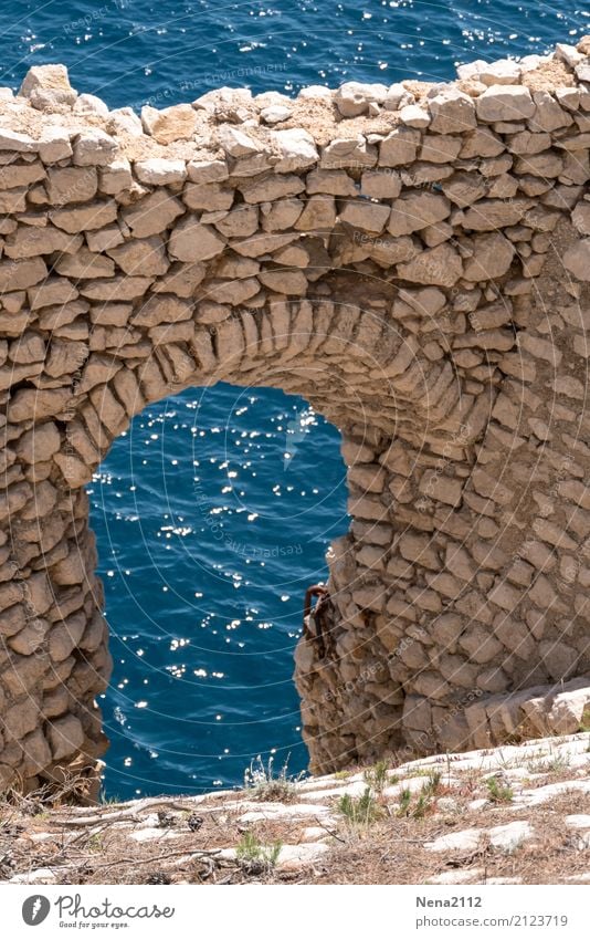 Fenêtre sur mer Water Beautiful weather Waves Bay Ocean Old Blue Wall (barrier) Stone wall Window Door Roman era Ruin Colour photo Exterior shot Detail Deserted