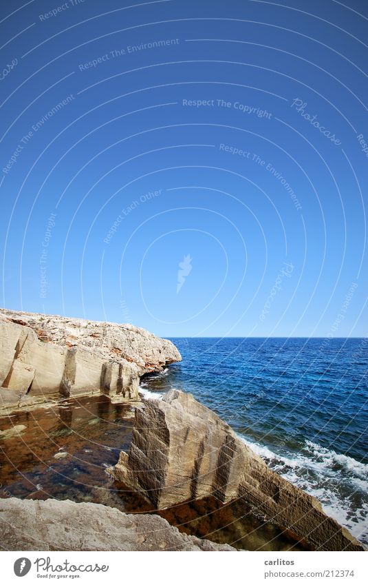 Dream job? Cloudless sky Summer Beautiful weather Rock Waves Coast Ocean Blue Mediterranean sea Quarry Marès White crest Sharp-edged Tracks Stone Natural stone