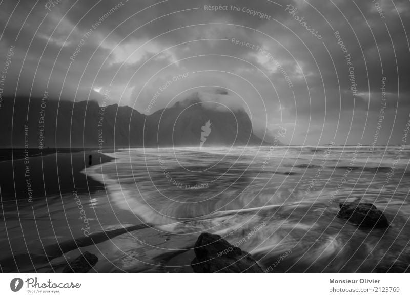 Stokksnes lava beach and Vestrahorn, Iceland Black & white photo Environment Nature Landscape Clouds Weather Bad weather Storm Wind Mountain Waves Coast Beach