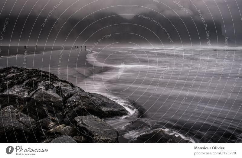 Stokksnes lava beach and Vestrahorn, Iceland Environment Nature Landscape Clouds Weather Bad weather Storm Wind Mountain Waves Coast Beach Vacation & Travel