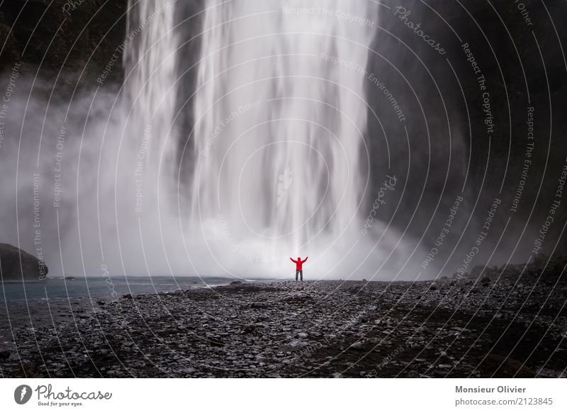 Waterfall on Iceland with man Human being 1 Environment Nature Landscape Vacation & Travel Adventure Power Force of nature Energy Travel photography