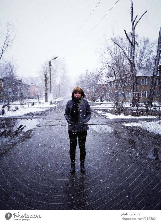 Landportrait #1 Winter vacation Human being Young woman Youth (Young adults) 18 - 30 years Adults Landscape Climate change Storm Wind Ice Frost Snowfall Village