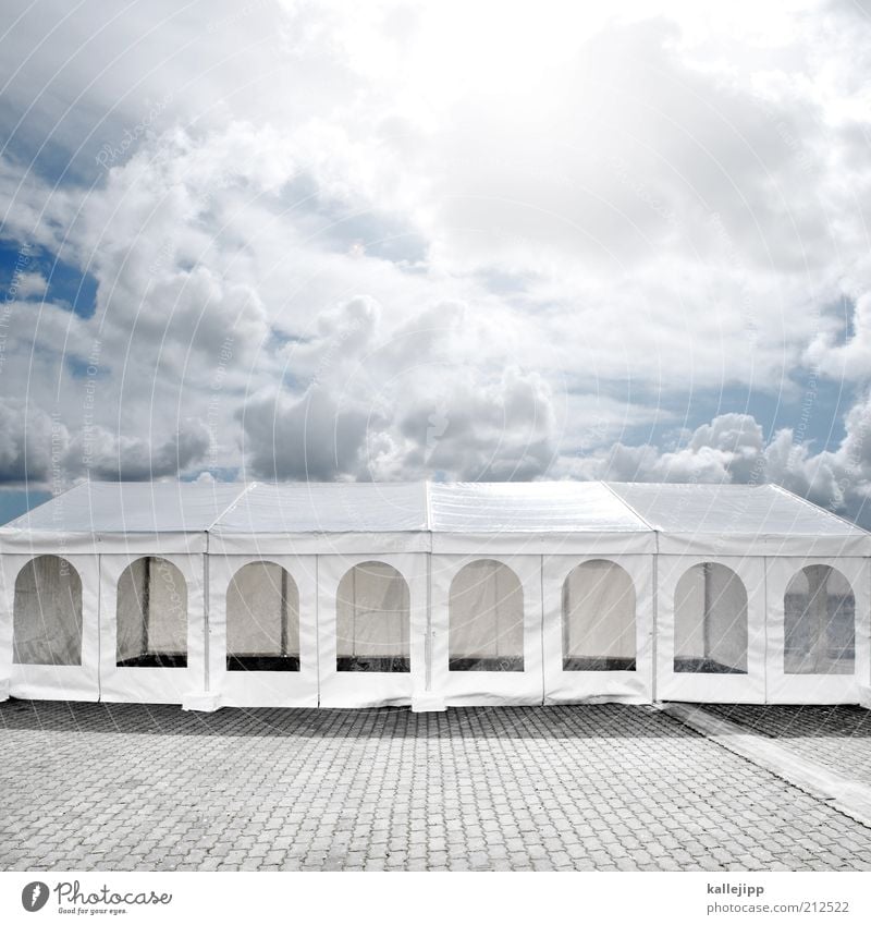 The party's over. Lifestyle Elegant Style Joy Event Feasts & Celebrations White Tent partyed Clouds in the sky Colour photo Multicoloured Exterior shot Deserted