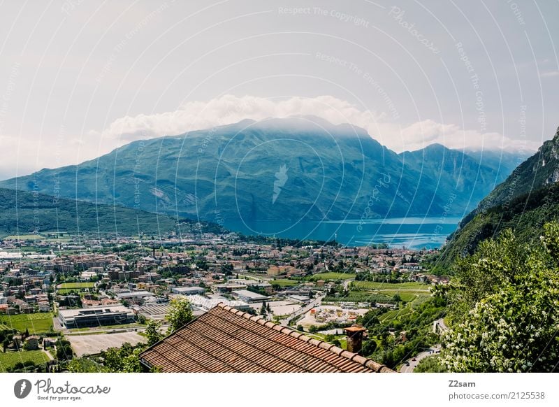 Lake Environment Nature Landscape Sky Clouds Summer Beautiful weather Alps Mountain Village Town Sustainability Natural Blue Green Calm Relaxation Colour Idyll