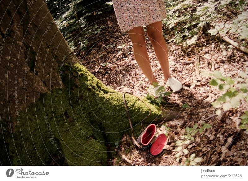 Little Red Riding Hood Summer Human being Feminine Woman Adults Life Legs Feet 1 Plant Tree Forest Footwear Hip & trendy Retro Dress Bag Colour photo